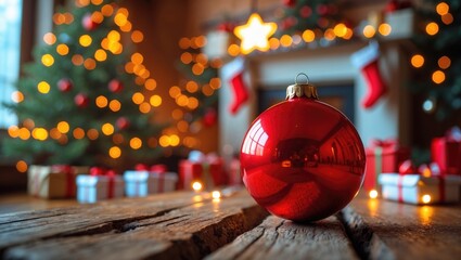 Aufkleber - Christmas Tree with Ornaments Positioned Near a Fireplace