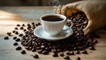 Poster - Cup of coffee with beans in the background