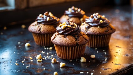 Poster - Chocolate chip muffins adorned with chocolate ganache and hazelnuts on a rustic dark kitchen counter.