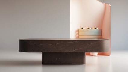 Poster - Brown stone display podium, Cosmetic showcase stand in the background.