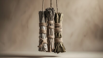 Fototapete - Rope-bound smudge sticks. Bundles of dried herbs suspended.