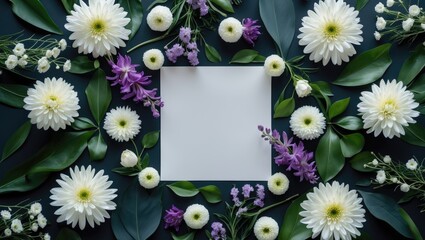 Poster - Artistic arrangement of flowers and leaves featuring a paper note. Overhead view. Nature theme