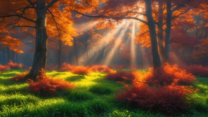 Poster - Autumn woodland scenery. Vibrant leaves on trees and grass illuminated by sunlight. Stunning forest. Gorgeous sunbeams in the woods.