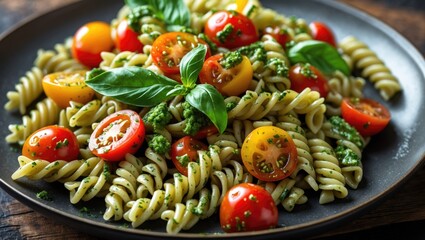 Poster - Gourmet fusilli salad featuring pesto, cherry tomatoes, and basil leaves on a natural wooden surface