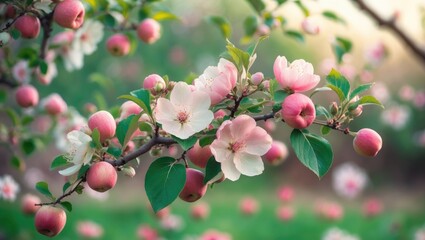 Poster - Blossoming pink apple flowers on an apple tree in a natural floral setting with a blurred garden background and white flowering plants.