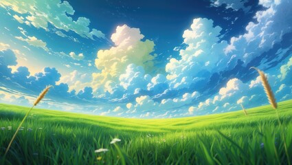Poster - Anime Landscape Photo with Clouds and Grass Field
