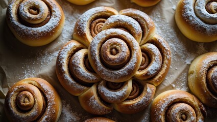Poster - Flower-shaped Cinnamon Bun. Buns dusted with powdered sugar.