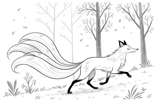 A minimalist, yet elegant, black-and-white ink drawing of the nine-tailed fox, focusing on the fluidity and grace of its form as it moves silently through the forest Ai generate.