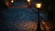 © yasna  - Serene street illuminated by a vintage lamppost on a cobblestone road