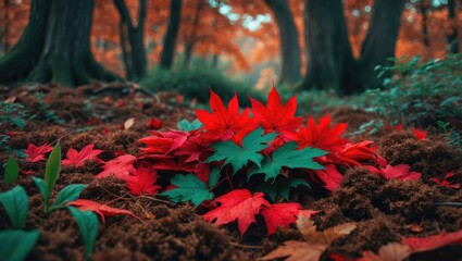 Poster - Forest floor covered with bright red and green autumn leaves, dry brown foliage, and fresh green plants
