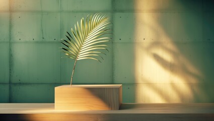Poster - minimal wooden podium showcase nature idea with sunlight shadow palm leaf on green concrete wall abs