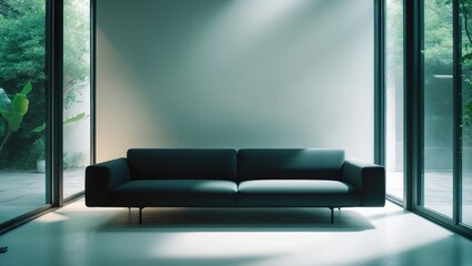 Poster - Blurred interior backdrop, Contemporary living space featuring cityscape view, Urban flat interior design with a luminous ambiance, Wide-angle minimalist style
