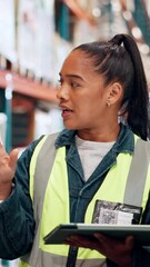 Poster - Woman, contractor and meeting with tablet for logistics, supply chain or distribution at warehouse. Female person, employee or talking with team or technology for inventory, stock or storage control