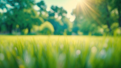 Poster - Softly blurred grass landscape with sun rays shining through.