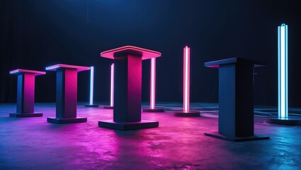 Poster - Dark background featuring podiums devoid of neon cylinders.