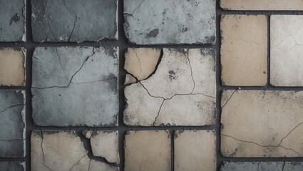 Poster - Textured cement concrete surface showing paint, tiles, and cracks