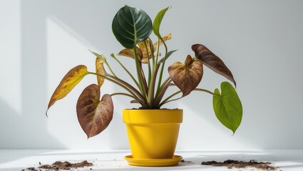 Poster - Diseases and Pests: Proper Care for Anthurium Houseplants Isolated on White, Plant Diseases, Leaf Spots or Wilting, Yellow Leaves of the Plant.