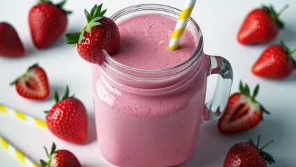 Poster - A substantial lovely jar of pink fresh smoothie with a thick striped straw. A gigantic jar alongside a few strawberries rich in vitamins placed around, isolated on a white background.