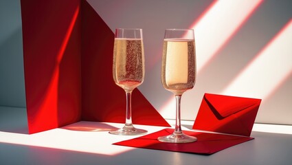 Poster - Two sparkling wine glasses beside a red paper envelope on a geometric backdrop with strong light shadows.