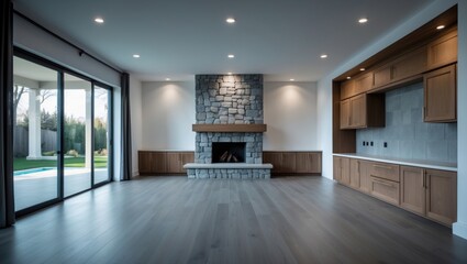 Aufkleber - Large unoccupied living room interior decorated in white and gray, complete with a stone fireplace, wooden cabinets, gray hardwood floors, and glass patio doors.