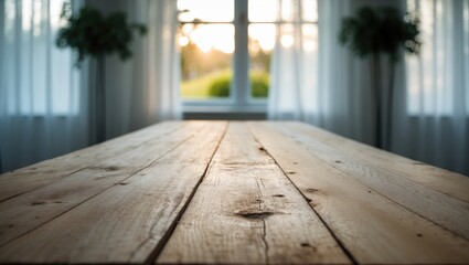 Poster - Wooden desk with a white curtain and green accents in a home interior