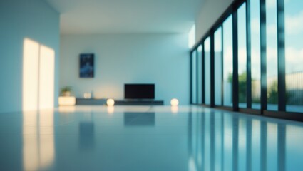 Poster - Blurry interior backdrop, Contemporary interior design lounge urban skyscraper minimalistic area bright atmosphere open sight tranquility