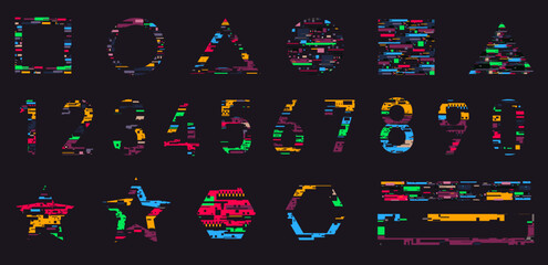 Poster - Glitch noise shapes. Digital pixel error texture and static distort video, signal failure, glitchy numbers geometric shapes, computer screen TV monitor noise. Vector pixelated set