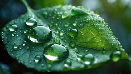Poster - Fresh green leaf featuring water drops on surface