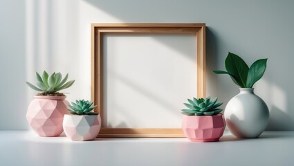 Poster - Mock wooden square frame with pink accents. White shelf on a white wall. Space for text.