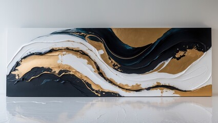 Poster - Abstract Acrylic Smear in Black, White, and Gold with Blot Painting. Monotype Design. Canvas Texture Background. Isolated on White. Long Horizontal Banner.