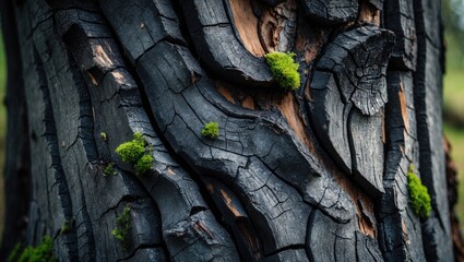 Poster - Close-range shot of cracked burnt wood showcasing rough organic texture