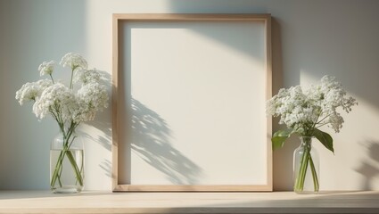 Poster - Horizontal wooden frame with a white vase and green plant on a table near a light wall. Mock up.