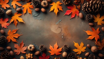 Poster - Seasonal autumn scene with bright leaves, nuts, and pine cones on a rustic banner background, offering overhead view and ample space for messaging.