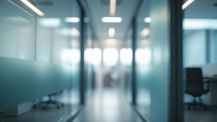 Poster - Luxury abstract image of an entrance pathway with glass walls and door, set against a blurred texture background, highlighted by light bokeh and a flare light bulb.