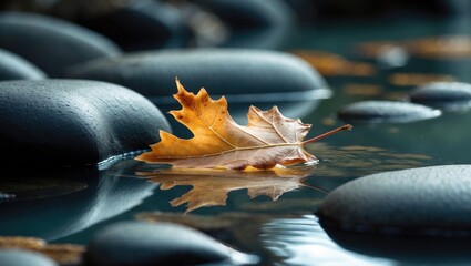 Poster - A tranquil water surface holding a delicate maple leaf, illuminated to reveal its translucent qualities, in harmony with the calm stones underneath.