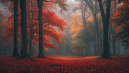 Poster - Mystical autumn park view featuring trees, leaves, and warm sunlight