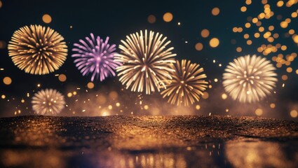 Poster - Festive abstract black and gold glitter background adorned with fireworks