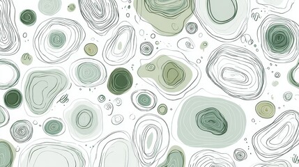 Poster - Green, beige concentric circles varying in size forming seamless organic abstract pattern, resembling natural topographic textures against pristine white backdrop
