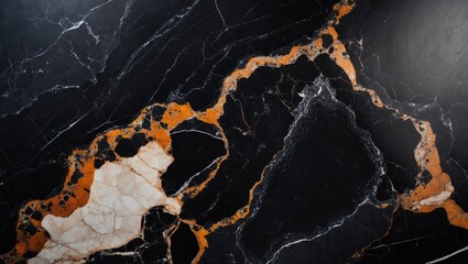 Poster - Natural black marble and granite textures on a black background, highlighting ceramic tiles with marbled ochre accents
