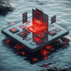 Poster - Futuristic Control Interface with Glowing Icons Above Water Surface