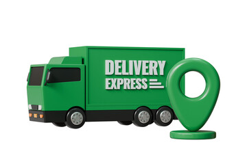 Poster - 3d Delivery truck with location pin tracking shipping fast delivery service icon. car deliver express delivery transportation logistics concept. Minimal truck with pin Transporation. 3d render.