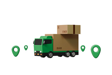 Poster - 3d Delivery truck with location pin tracking shipping fast delivery service icon. car deliver express delivery transportation logistics concept. Minimal truck with pin Transporation. 3d render.