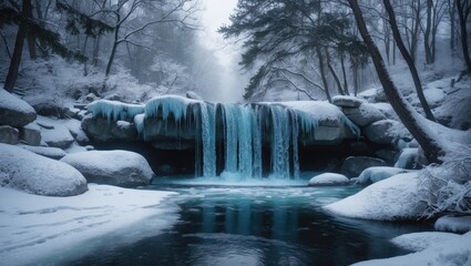 Wall Mural - Serene winter wilderness showcasing a frozen waterfall with surrounding rocks and trees in a scenic forest