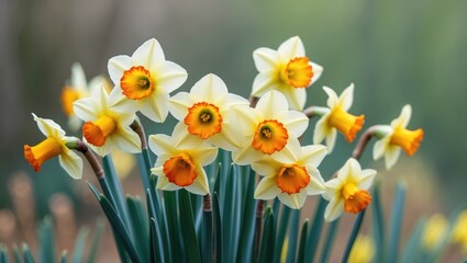 Poster - Macro shot of yellow narcissus flowers with a blurred natural scenery in the background