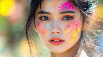 Wall Mural - a young woman with colorful powder on her face, standing in front of a blurred background with a col