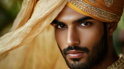 Wall Mural - a man wearing a traditional indian turban, with a golden and intricate design, poses against a blurr