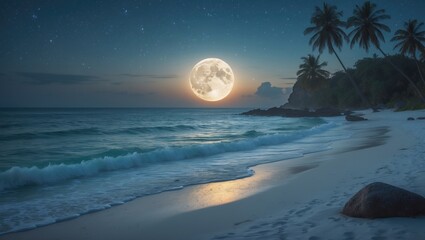 Wall Mural - Ocean scene featuring a full moon and a beach paradise.