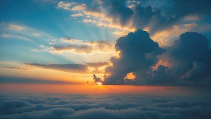Wall Mural - Scenic landscape view showcasing blue sky, fluffy clouds, and a golden sunset scene.