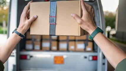 Poster - Delivery courier lifting parcel from delivery van