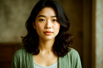 Poster - Close-up portrait of young woman with natural makeup and wavy hair, soft lighting and neutral blurred background, calm expression captured beautifully.